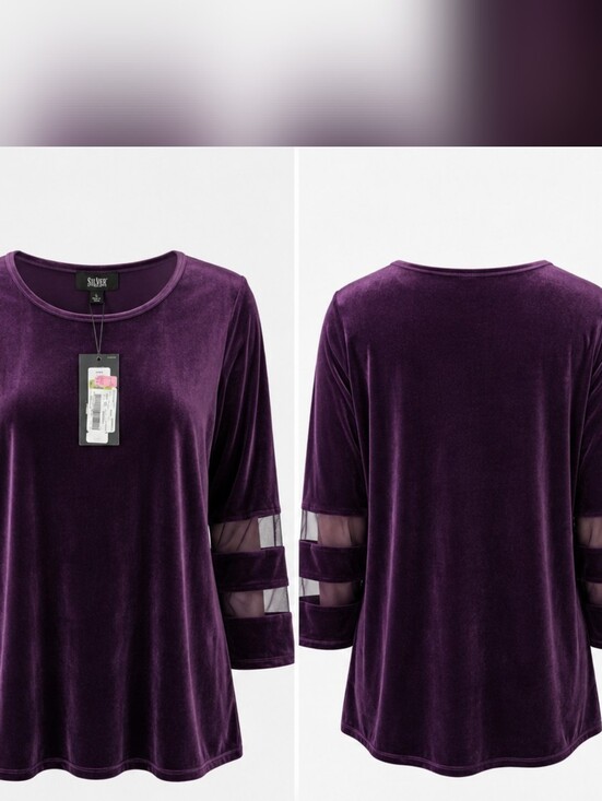 Investments Tops - Slim Factor Womens Large Purple Velvet Burnout 3/4 Sleeve Y2k Boho Goth